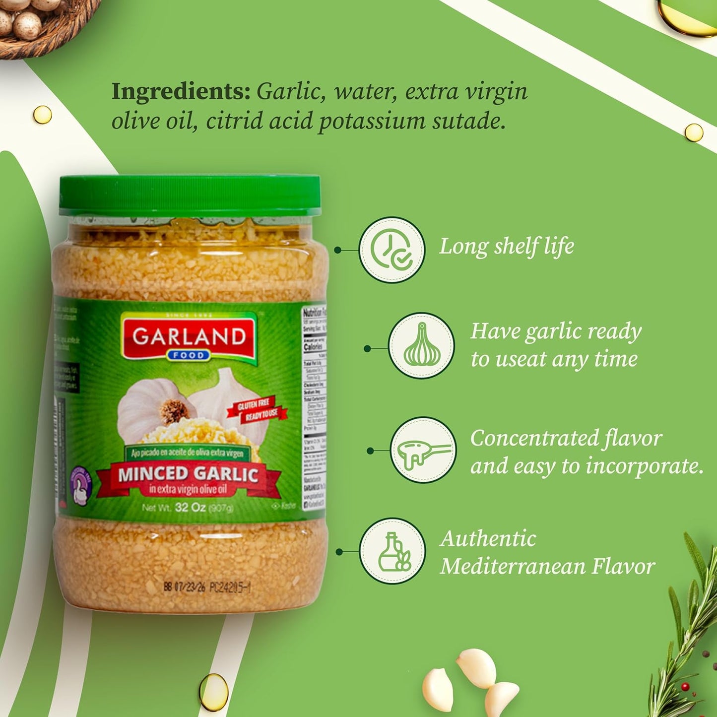 Garland Minced Garlic – In Olive Oil – 32 oz – Made in USA