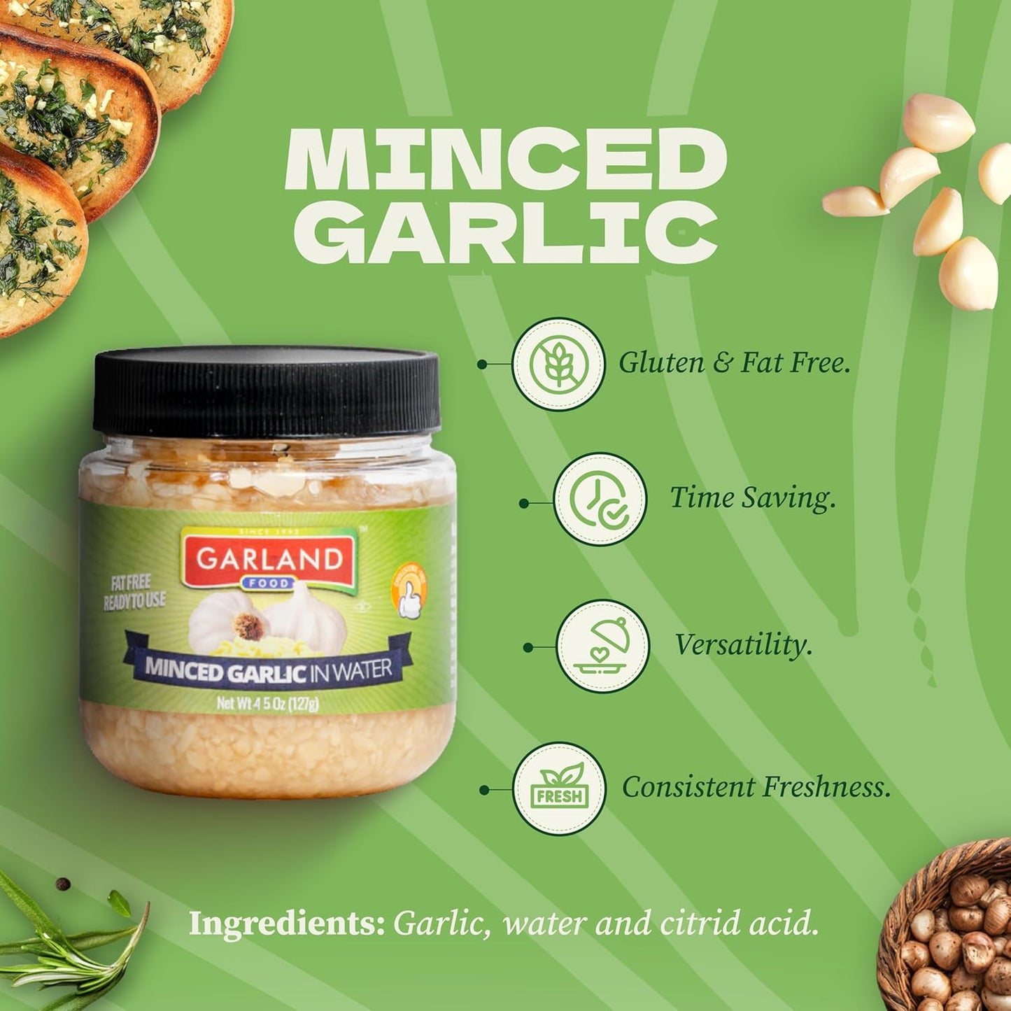 Garland Minced Garlic – In Water – 4.5 oz – Made in USA