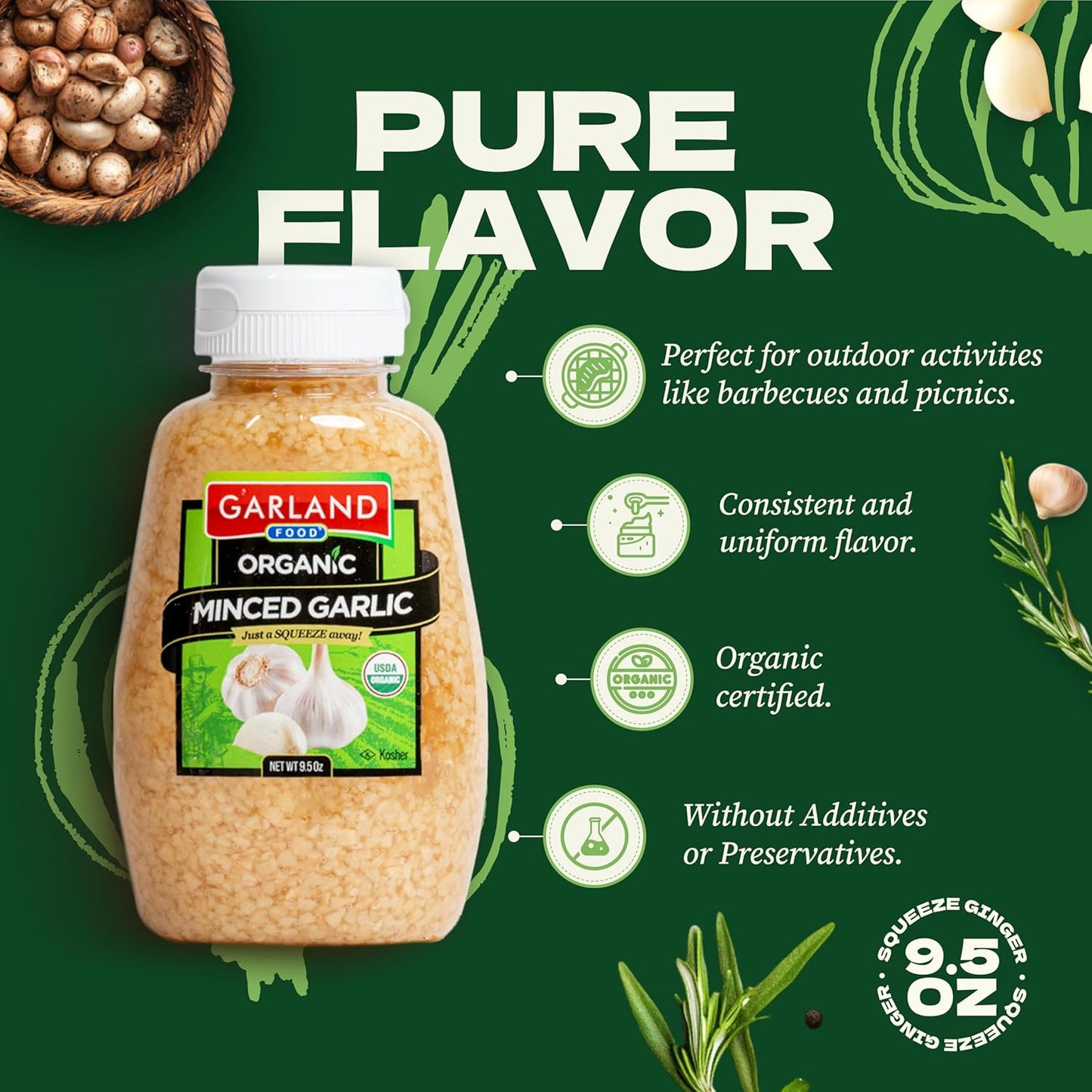 Garland Organic Minced Garlic – Squeezable Bottle – 9.5 oz – Made in USA