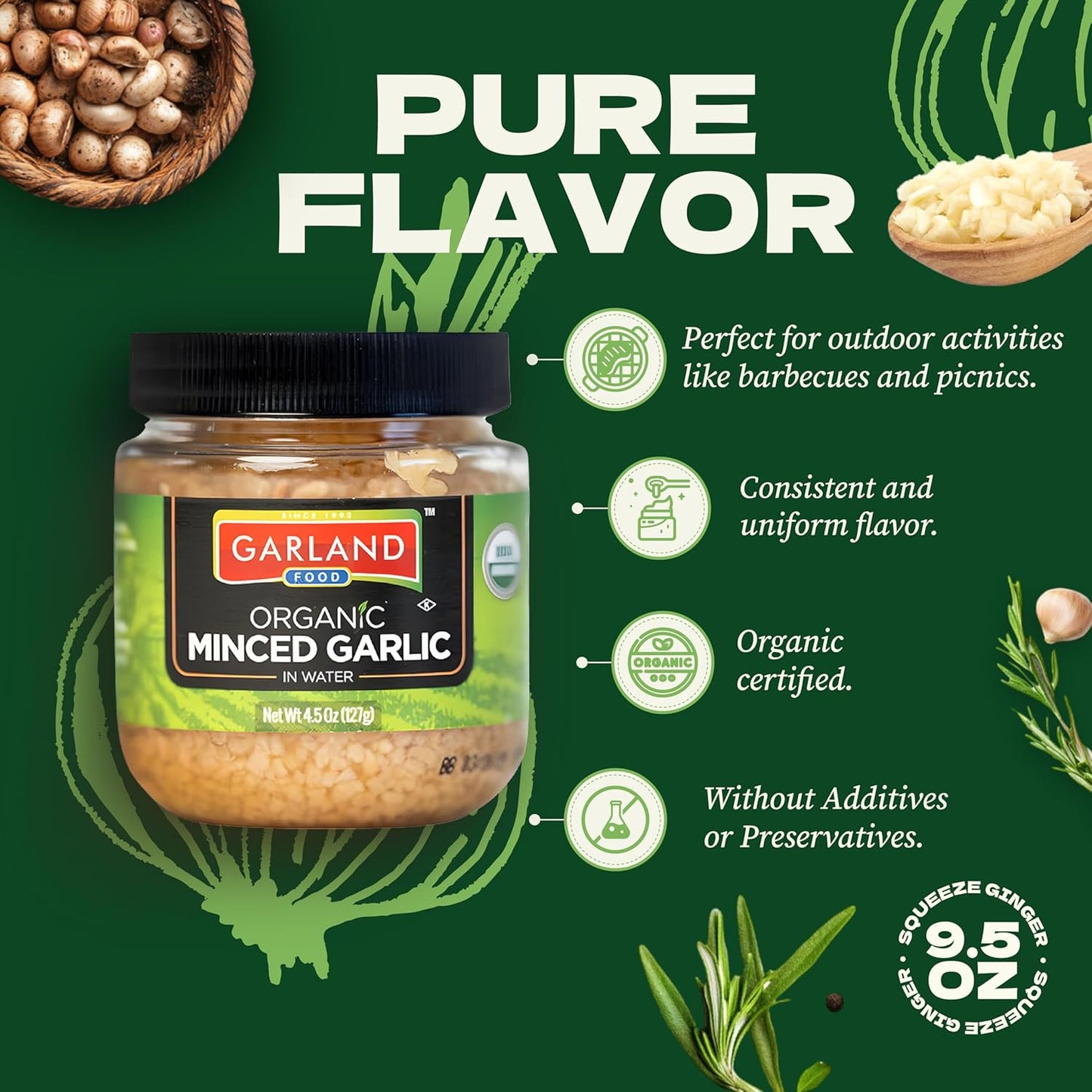 Garland Organic Minced Garlic – 4.5 oz – Made in USA