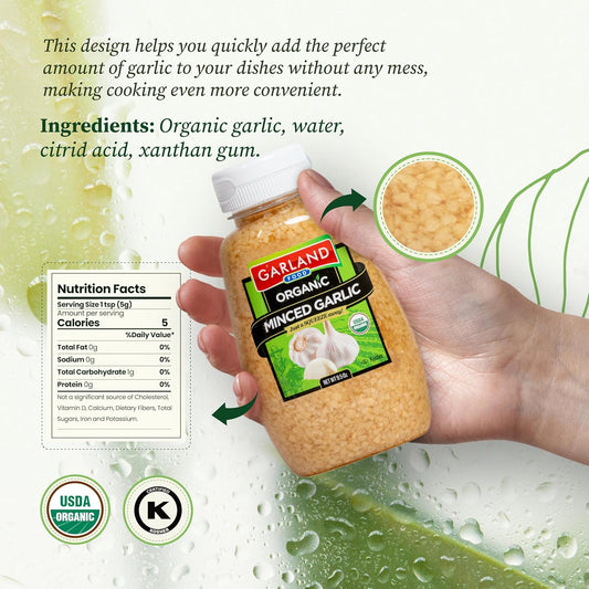 Garland Organic Minced Garlic – Squeezable Bottle – 9.5 oz – Made in USA