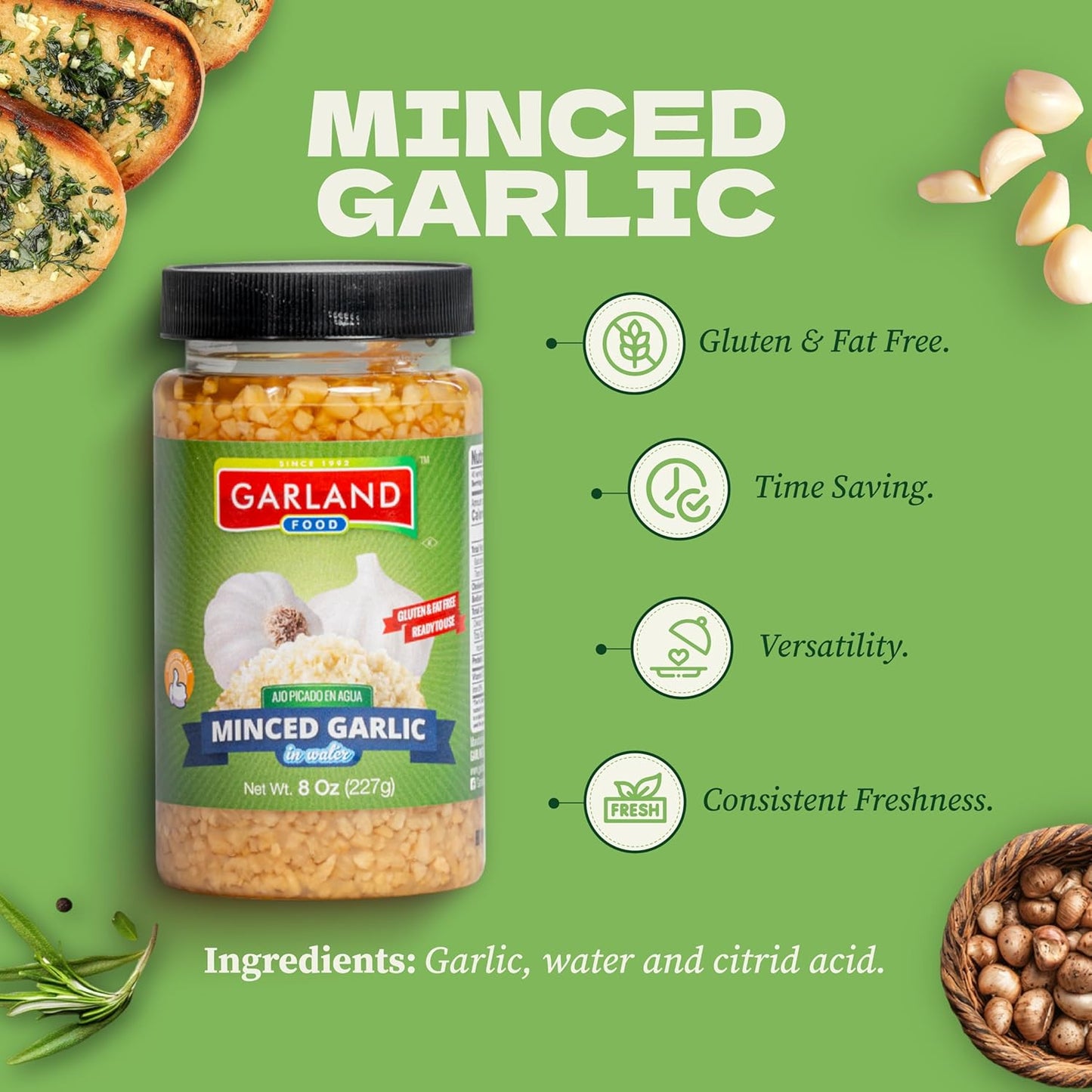 Garland Minced Garlic – In Water – 8 oz – Made in USA