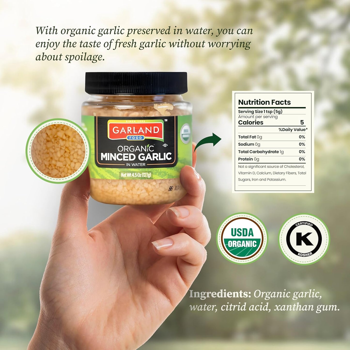 Garland Organic Minced Garlic – 4.5 oz – Made in USA