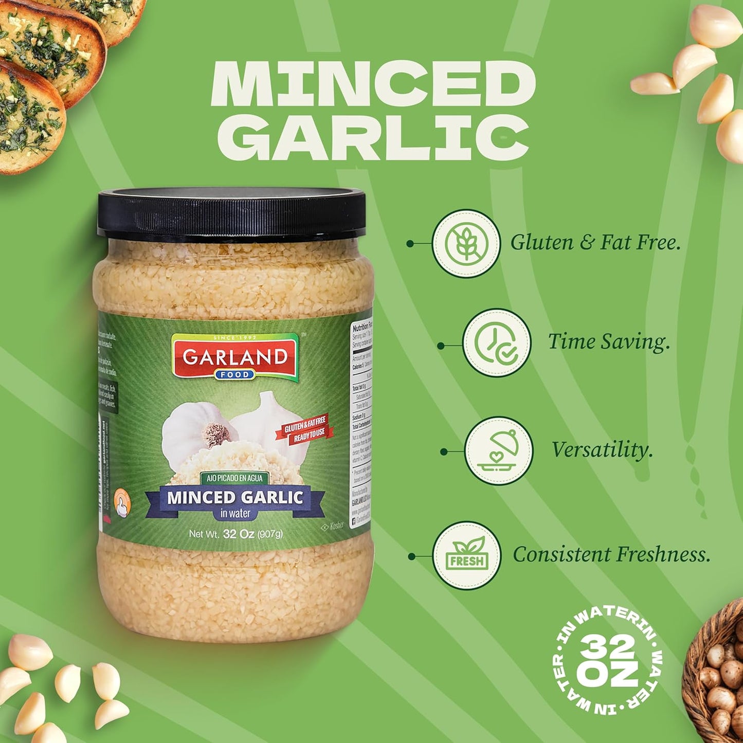 Garland Minced Garlic – In Water – 32 oz – Made in USA